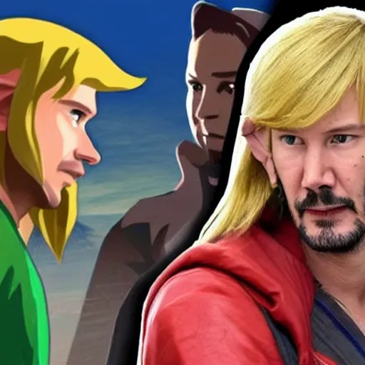 Image similar to Keanu reeves in hyrule as link fighting Donald Trump as Gannon realistic detailed image high resolution photo