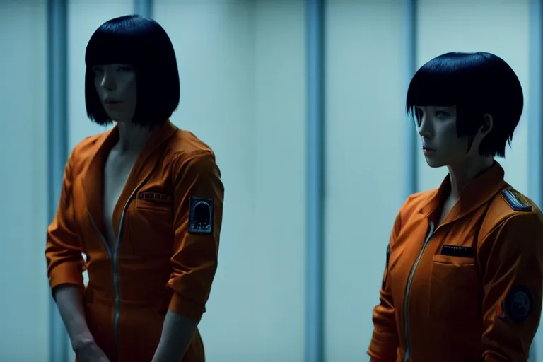 Image similar to major motoko wearing an orange prison jumpsuit, photography by fred palacio medium full shot still from bladerunner 2 0 4 9, sci fi, bladerunner, canon eos r 3, f / 3, iso 2 0 0, 1 / 1 6 0 s, 8 k, raw, unedited