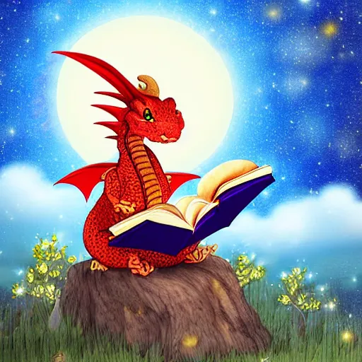 Image similar to cute dragon reading book under the stars, digital art