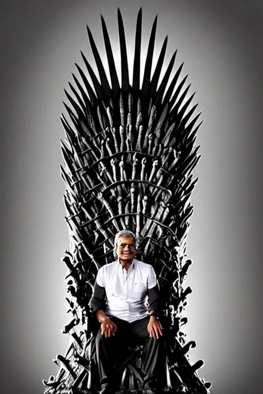 Prompt: Ranil Wickramasinghe sitting on the iron throne, digital art, dark color scheme