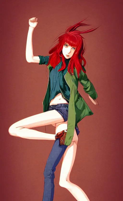 Image similar to full-body shot of an attractive tomboy girl with long, crimson red hair and red eyes, wearing a brown, open jacket and green jeans with a stern look, midriff, concept art, character design, by WLOP, Ross Draws, by Tomine, by Satoshi Kon, by Rolf Armstrong