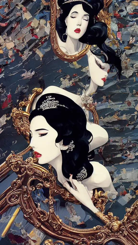 Image similar to a beautiful black haired woman with pale skin and a crown on her head sitted on an intricate metal throne new york circa 1 9 8 4 edward hopper and james gilleard, surreal, open ceiling, highly detailed, airbrush, ilya kuvshinov, wlop, stanley artgerm, very coherent, art by takato yamamoto and james jean