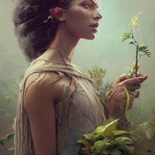 Prompt: a beautiful portrait of a plant goddess by Greg Rutkowski and Raymond Swanland, Trending on Artstation, ultra realistic digital art