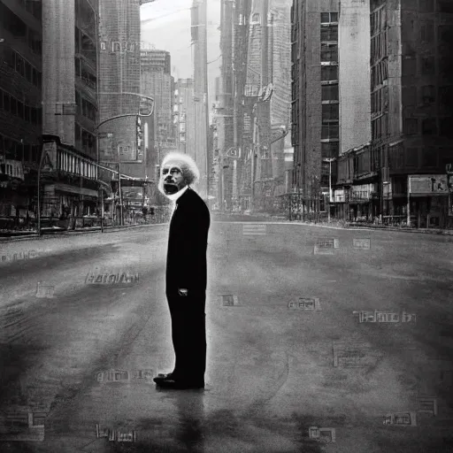 Image similar to einstein standing alone in a scifi city, robots, photograph