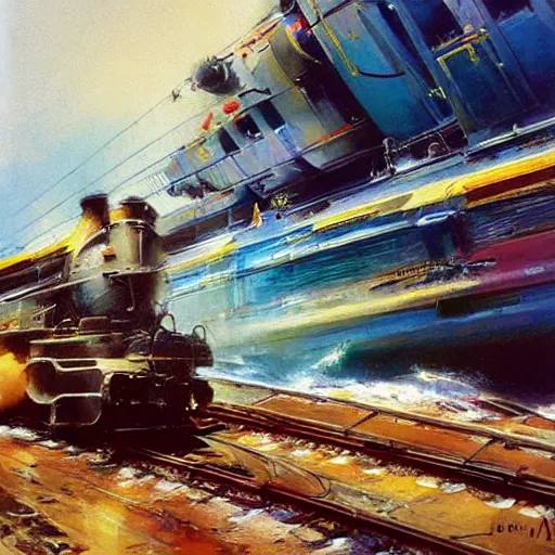 Prompt: illustration, a train in the sea, dynamic composition, detailed, matte print, dynamic perspective, colorful modern, john berkey