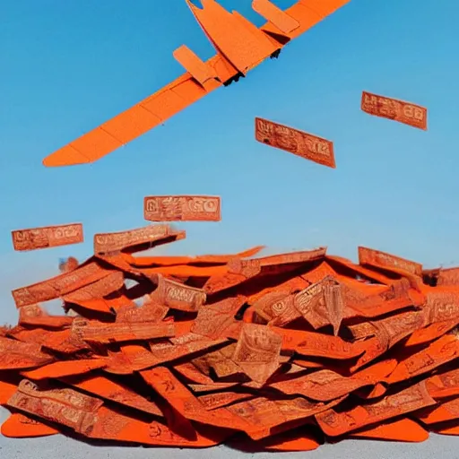 Prompt: a plane made out of carrots and dollar bills flying past the sun