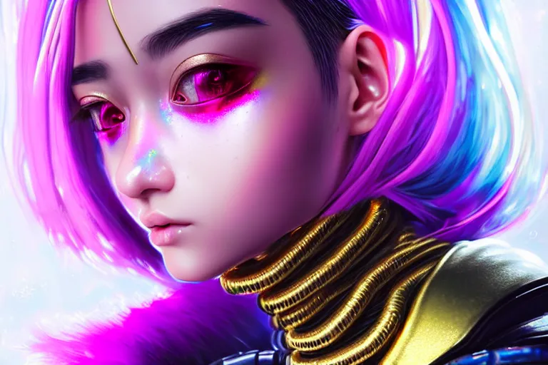 Image similar to hyperdetailed close portrait of a stunningly beautiful pink cyberpunk cute european girl made of metals and shiny iridescent gems, dark rainbow nimbus, gold necklace, puffer jacket, inspired by ross tran and masamune shirow and kuvshinov, intricate, photorealistic, octane render, rtx, hdr, unreal engine, dnd digital art by artgerm