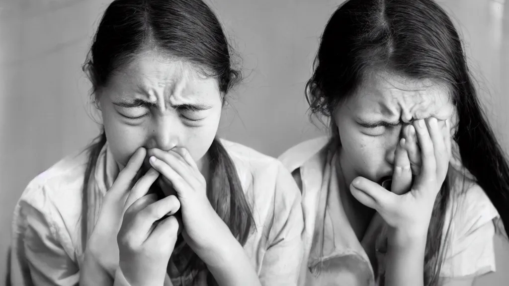 Image similar to scanning electron microscope potable portrait of a crying lady 1 6 years old, with office