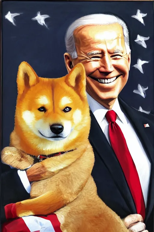 Prompt: oil painting, portrait of president biden, smiling, holding a giant shiba dog, us flag, futurist style