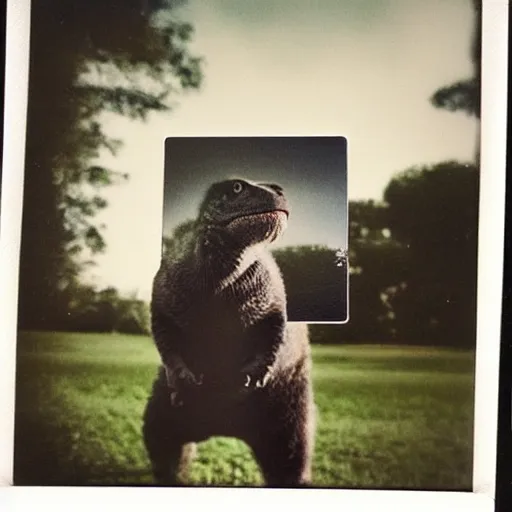 Prompt: polaroid photo of a t - rex 🦖 taking a polaroid photo of a cat