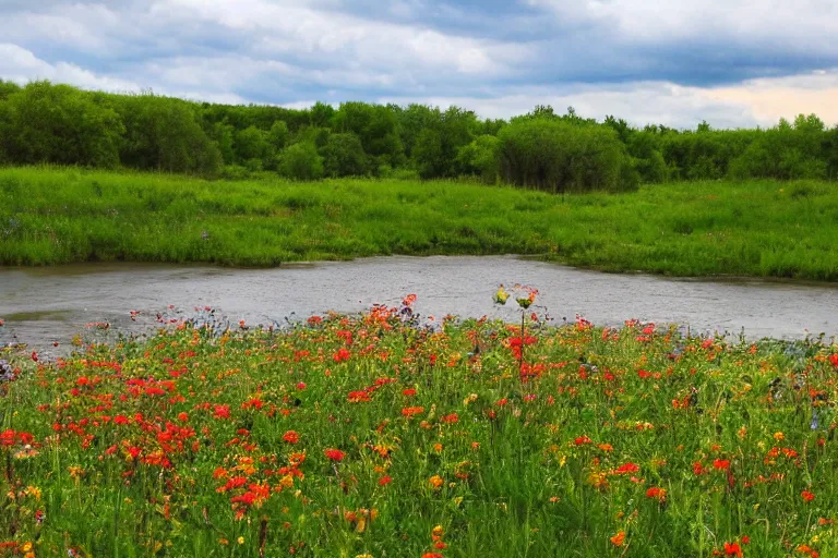Image similar to a gorgeous, beautiful, amazing landscape with a river running through a beautiful prairie full of wildflowers