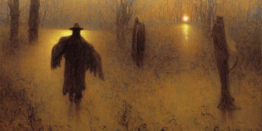 Prompt: a painting of the dark man at the crossroads by gustav moreau, jean delville and  Gaston Bussiere