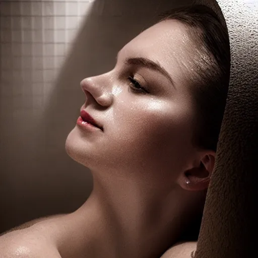 Image similar to woman on a bathtub, headshot, soft lighting, eerie, detailed, photorealistic view from top