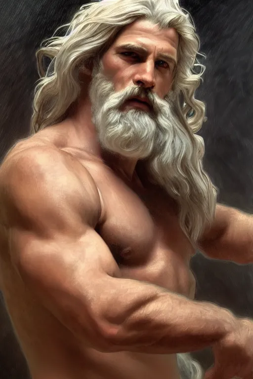 Image similar to painted portrait of rugged zeus, god of thunder, greek god, white hair, masculine, mature, handsome, upper body, flowy robe, muscular, hairy torso, fantasy, intricate, elegant, highly detailed, digital painting, artstation, concept art, smooth, sharp focus, illustration, art by gaston bussiere and alphonse mucha