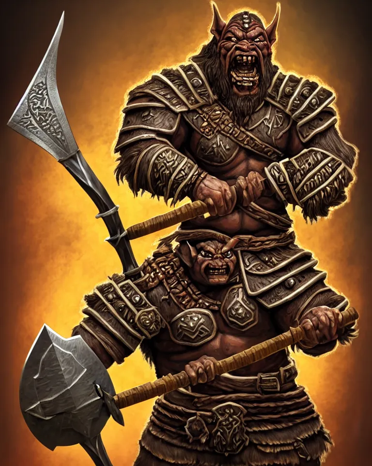 Image similar to a portrait of an orc warrior holding a metal battle axe with an intricate wooden carved hilt, in the style of riot games arcane