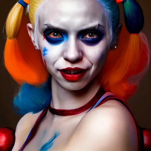 Image similar to a portrait of stunningly beautiful harley quinn, huggy wuggy from poppy playtime video game, fullbody, ultra high detailed, oil painting, greg rutkowski, charlie bowater, yuumei, yanjun cheng, unreal 5, daz, hyperrealistic, octane render, rpg portrait, dynamic lighting, fantasy art, beautiful face