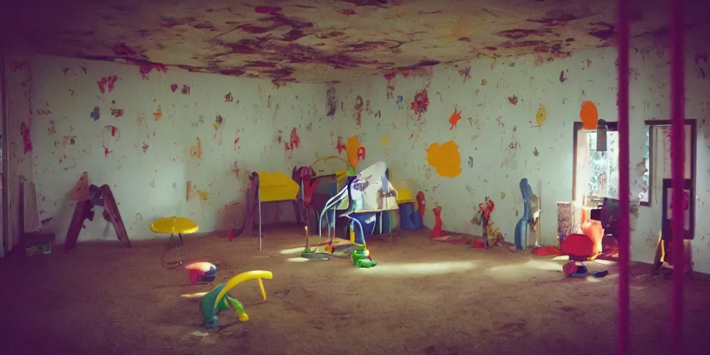 Prompt: a weird place, house, playground, office, pool, interior, room with eerie feeling, disposable colored camera, camera flash, unusual place, unsettling, kids place