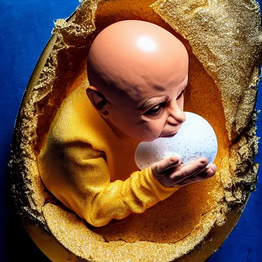 Image similar to verne troyer hatching from egg, medical lab, medical miracle, luminous yolk, messy egg dripping, cracked eggshell, he's holding handfuls of scrambled egg, easter surprise, golden lighting, textured shell