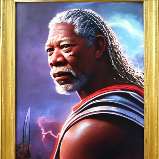 Image similar to ultra realistic portrait painting of morgan freeman as thor, art by frank frazetta, 4 k, ultra realistic, highly detailed, epic lighting