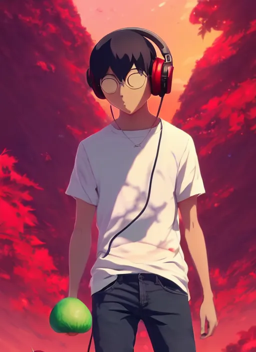 Prompt: portrait of chilled kong holding a mushroom, sunny sky background, lush landscape, illustration concept art anime key visual trending pixiv fanbox by wlop and greg rutkowski and makoto shinkai and studio ghibli and kyoto animation, symmetrical facial features, black shirt, red headphones, ripped jeans, backlit, aerodynamic frame, gta 5