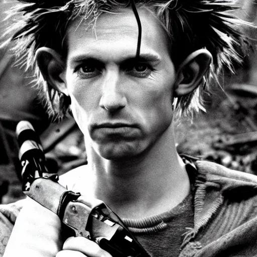 Prompt: close up headshot of a skinny high-fantasy elf with a long narrow face and spiky blonde hair wearing dark brown overalls and holding a bomb next to a destroyed car, high resolution film still, fim by Peter Jackson