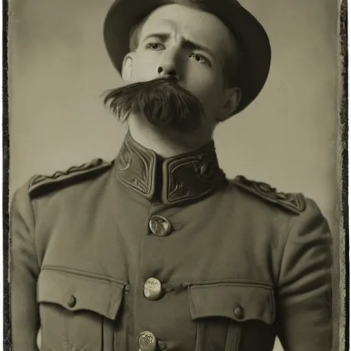 Image similar to late 1 9 th century, austro - hungarian!!! soldier ( handsome, 2 7 years old, redhead michał zebrowski with a small mustache ). old, sepia tones, detailed, hyperrealistic, 1 9 th century portait by yousuf karsh