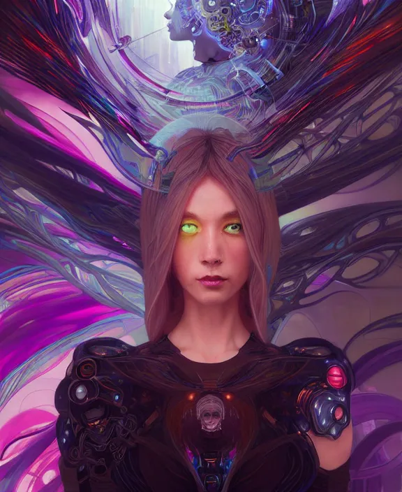 Image similar to a whirlwind of souls rushing inside the metaverse, half body, glowin eyes, android, cyborg, cyberpunk face, by loish, d & d, fantasy, intricate, elegant, highly detailed, colorful, vivid color, digital painting, artstation, concept art, art by artgerm and greg rutkowski and alphonse mucha and ruan jia