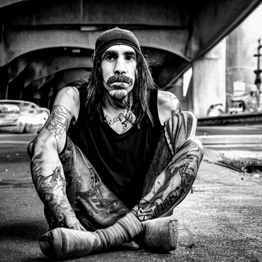 Image similar to anthony kiedis as a homeless hobo living under a bridge, street photography, 4 k, ultra realistic, highly detailed,