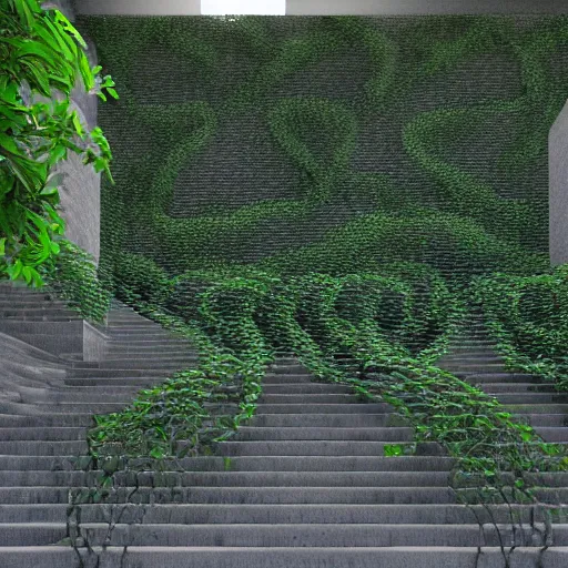 Image similar to a set of stairs with vines growing up them, walls of stone bricks, volumetric bluish light, a raytraced image by Tadao Ando, flickr contest winner, environmental art, streetscape, vray, national geographic photo