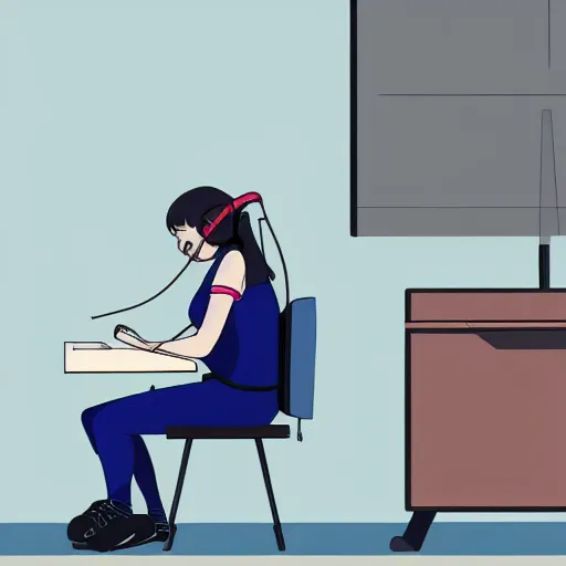 Image similar to a side view of a girl sitting on her desktop writing something headphones on, hand on her chin, digital art, anime, ghibli style