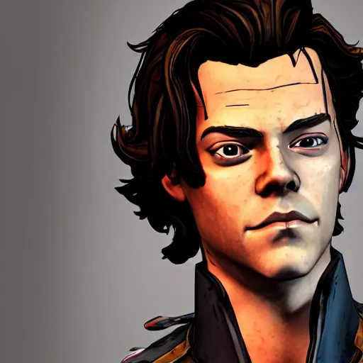 Image similar to harry styles portrait, borderlands, tales from the borderlands, the wolf among us, comic, cinematic lighting, studio quality, 8 k