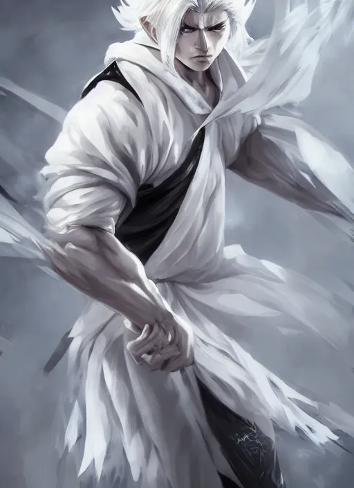 Image similar to a highly detailed illustration of fierce white haired attractive young japanese man wearing white hakama, black eyes, dramatic pose, muscular, intricate, elegant, highly detailed, centered, digital painting, artstation, concept art, smooth, sharp focus, league of legends concept art, wlop