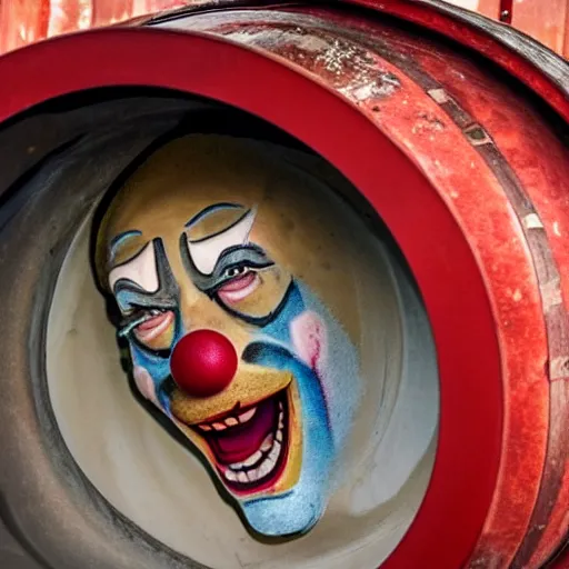 Prompt: clown peeking head out of tank barrel