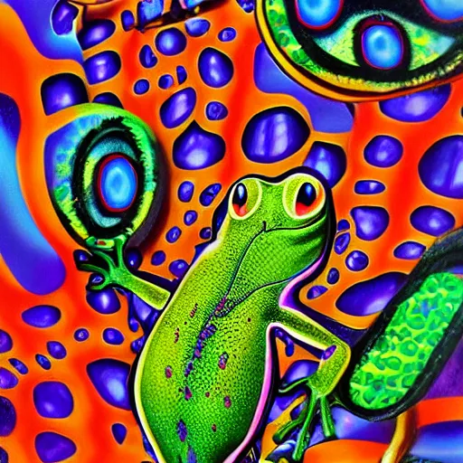 Prompt: businessman in a psychedelic trip by a poisonous frog hyper realism, high detail, octane