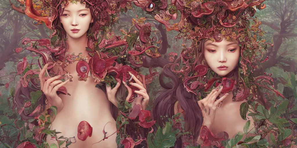 Image similar to breathtaking detailed concept art painting of the goddess of rafflesia arnoldii flowers, orthodox saint, with anxious, piercing eyes, ornate background, amalgamation of leaves and flowers, by Hsiao-Ron Cheng, James jean, Miho Hirano, Hayao Miyazaki, extremely moody lighting, 8K