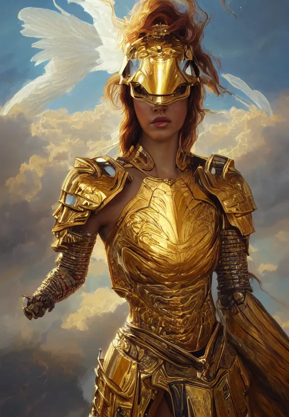 Prompt: A beautiful fierce angel wearing metallic battle armor and a flaming sword, among heavenly sunlit clouds, close-up shot, intricate, elegant, digital painting, golden hour, cinematic, trending on artstation, concept art, smooth, sharp focus, illustration, art by artgerm and Greg Rutkowski and Alphonse Mucha