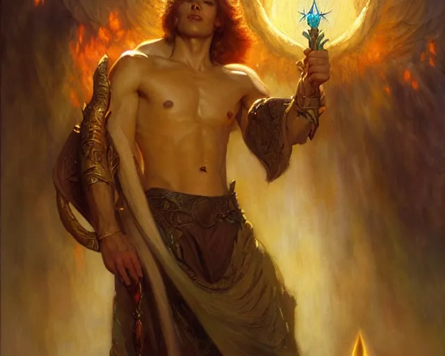 Image similar to attractive male deity, casting demonic magic, summoning handsome lucifer morning star. highly detailed painting by gaston bussiere, craig mullins, j. c. leyendecker 8 k