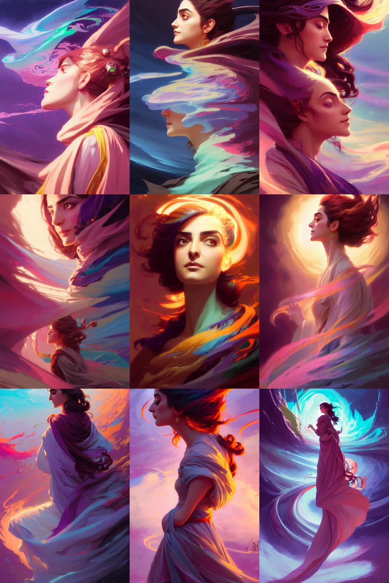 Prompt: side profile, maya ali, wind sorcerer, d & d, dota, robes, elegant, concept art, smooth, colorful psychedelic swirly magic ripples, pastel colors, by greg rutkowski, jesper ejsing, ilya kuvshinov, artgerm, mucha