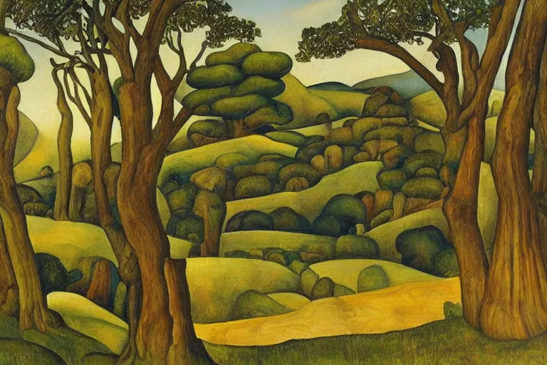 Prompt: masterpiece painting of oak trees on a hillside overlooking a creek, by diego rivera