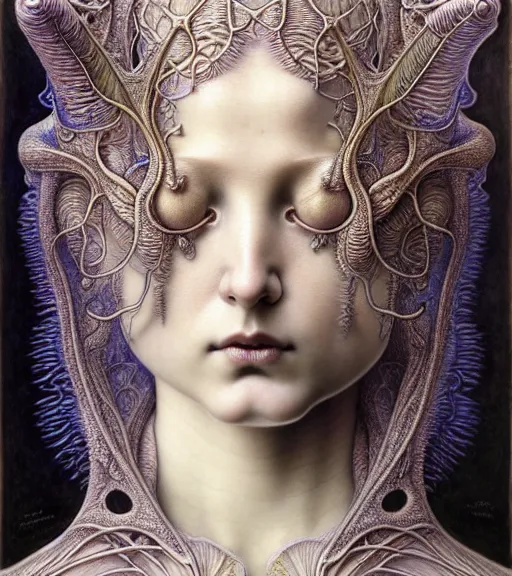 Image similar to beautiful young orchid fairy detailed realistic porcelain face portrait by jean delville, gustave dore, iris van herpen and marco mazzoni, art forms of nature by ernst haeckel, art nouveau, symbolist, visionary, gothic, neo - gothic, pre - raphaelite, fractal lace, intricate alien botanical biodiversity, surreality, hyperdetailed ultrasharp octane render