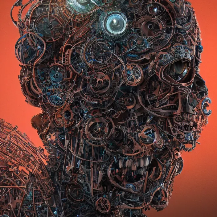 Prompt: portrait of a biomechanical skull. intricate abstract. intricate artwork. nightmare fuel. by Tooth Wu, wlop, beeple, dan mumford. octane render, trending on artstation, greg rutkowski very coherent symmetrical artwork. cinematic, hyper realism, high detail, octane render, 8k, iridescent accents