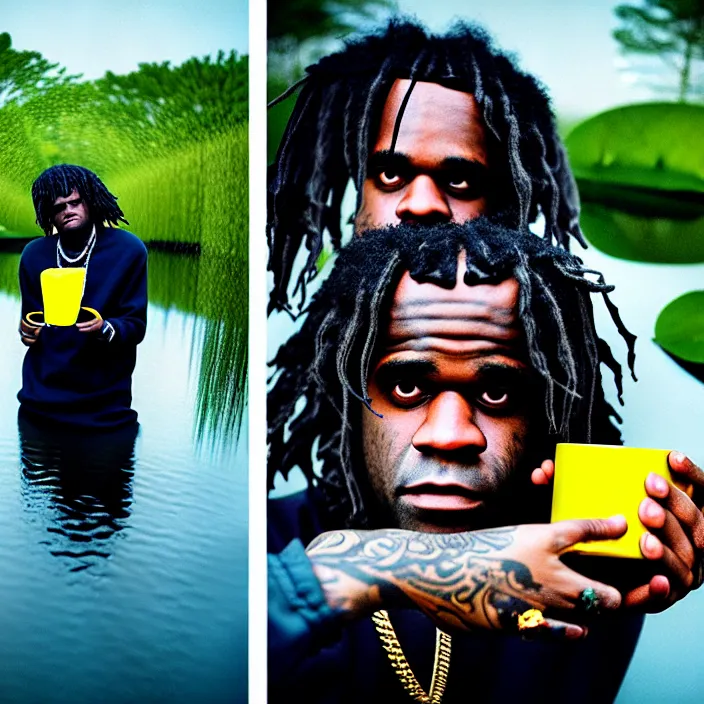 Prompt: Kodak Portra 400, 8K, soft light, volumetric lighting, highly detailed, britt marling style 3/4 ,portrait photo of chief keef holding a cup of lean and a blunt, the face emerges from the water of a pond with water lilies, inspired by Ophelia paint , a beautiful scenery with highly detailed realistic weed smoke , Realistic, Refined, Highly Detailed, natural outdoor soft pastel lighting colors scheme, outdoor fine art photography, Hyper realistic, photo realistic