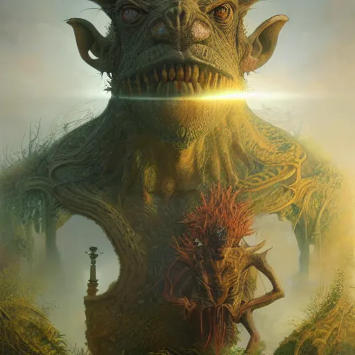 Image similar to a hyperrealistic illustration of a mix of an oger and giant and goblin, 8 k ultra realistic creature, detailed intricate, with fractal sunlight, award - winning, masterpiece, in the style of tom bagshaw, cedric peyravernay, peter mohrbacher