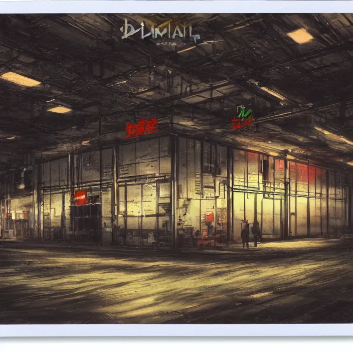 Prompt: liminal polaroid of a gunpla warehouse at night, art by dariusz zawadski, deep depth of field. highly detailed, hyper realism, hd, 4 k