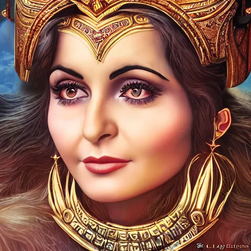 Prompt: a detailed fantasy character portrait of soad hosny as goddess of cinema by lauri blank, artgerm, evelyn de morgan, 8K, 50mm lens