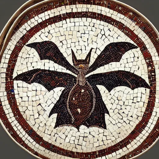 Prompt: medium shot Mosaic depicting a cute realistic pet bat looking left, from Italica, AD 176-275. Archaeological Museum, Seville. Byzantine mosaics, highly detailed, HQ, HD, beautiful, National Geographic,