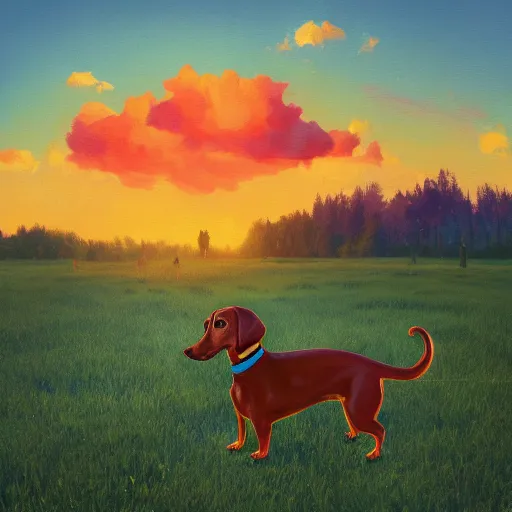 Image similar to a dachshund, surreal photography, cannabis field, sunset dramatic light, impressionist painting, colorful clouds, blue sky, digital painting, artstation, simon stalenhag