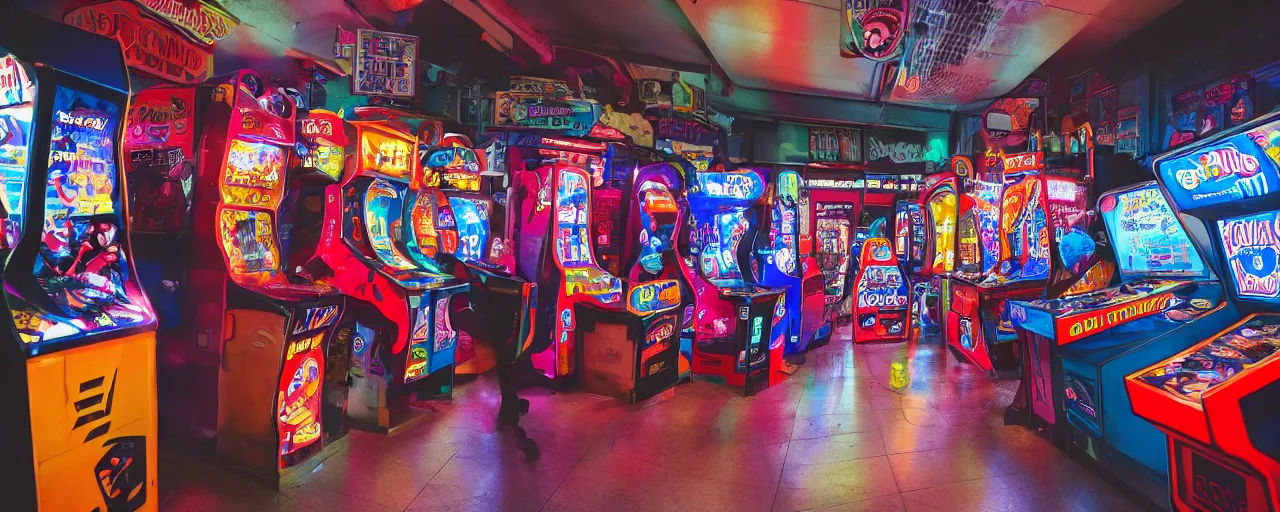 Image similar to A photograph from the 80's of a busy arcade, XF IQ4, 150MP, 50mm, F1.4, ISO 200, 1/160s, natural light