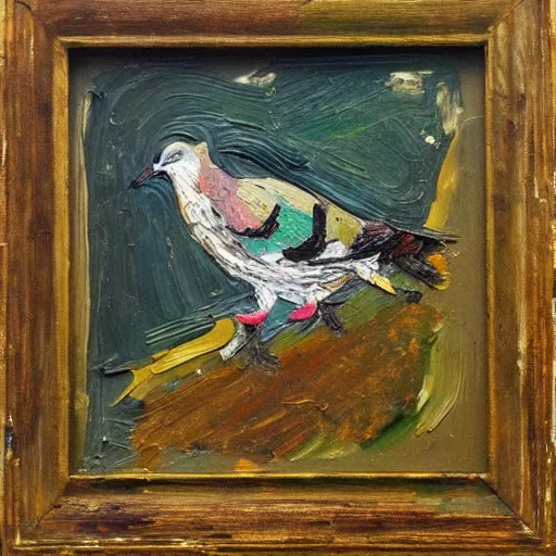 Prompt: oil paint impasto relief, beautiful wood pigeon, multi layered thick brush marks, in the style of ivan shishkin and frank auerbach and van gogh