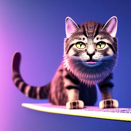 Image similar to high quality 3 d render very cute fluffy cyborg cat standing on a surfboard, highly detailed, unreal engine cinematic smooth, moody light, low angle, uhd 8 k, sharp focus